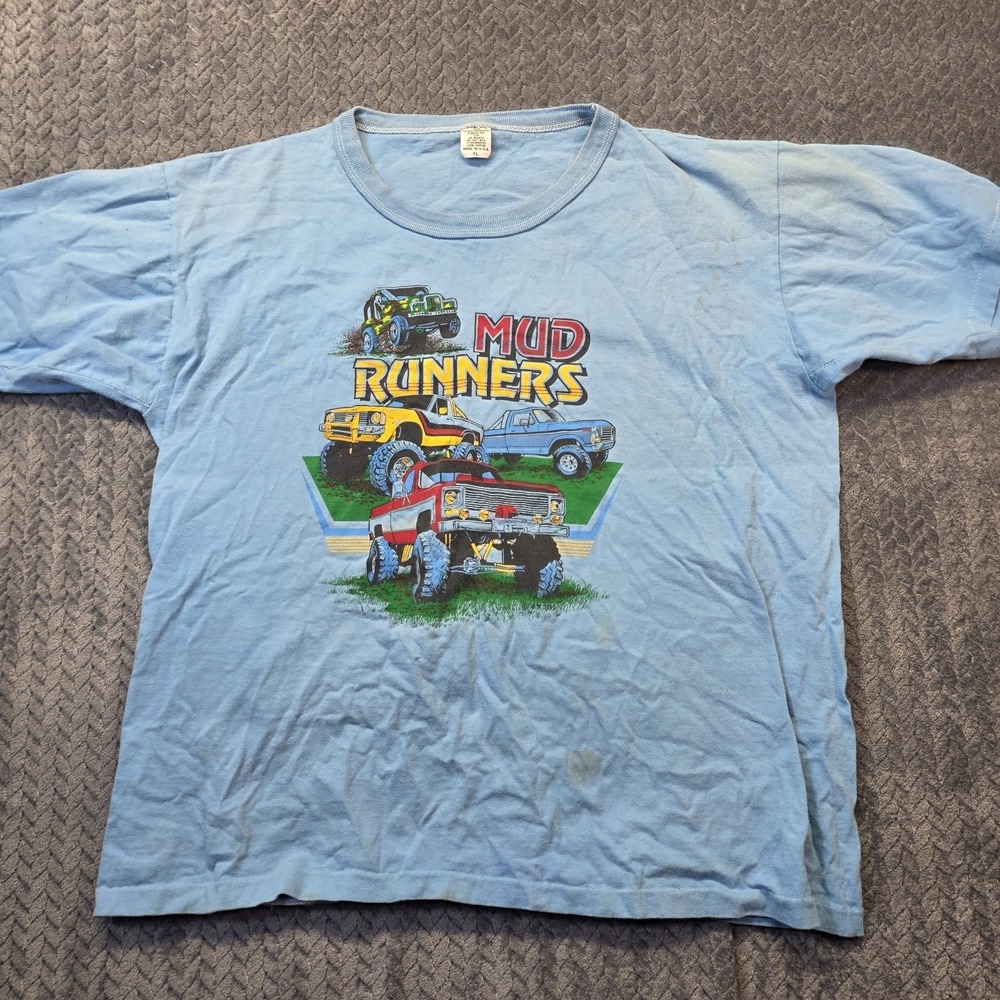 Vintage Men's Mud Runners T-Shirt Large Blue 1989 4x4‎ Truck Graphic Made In USA